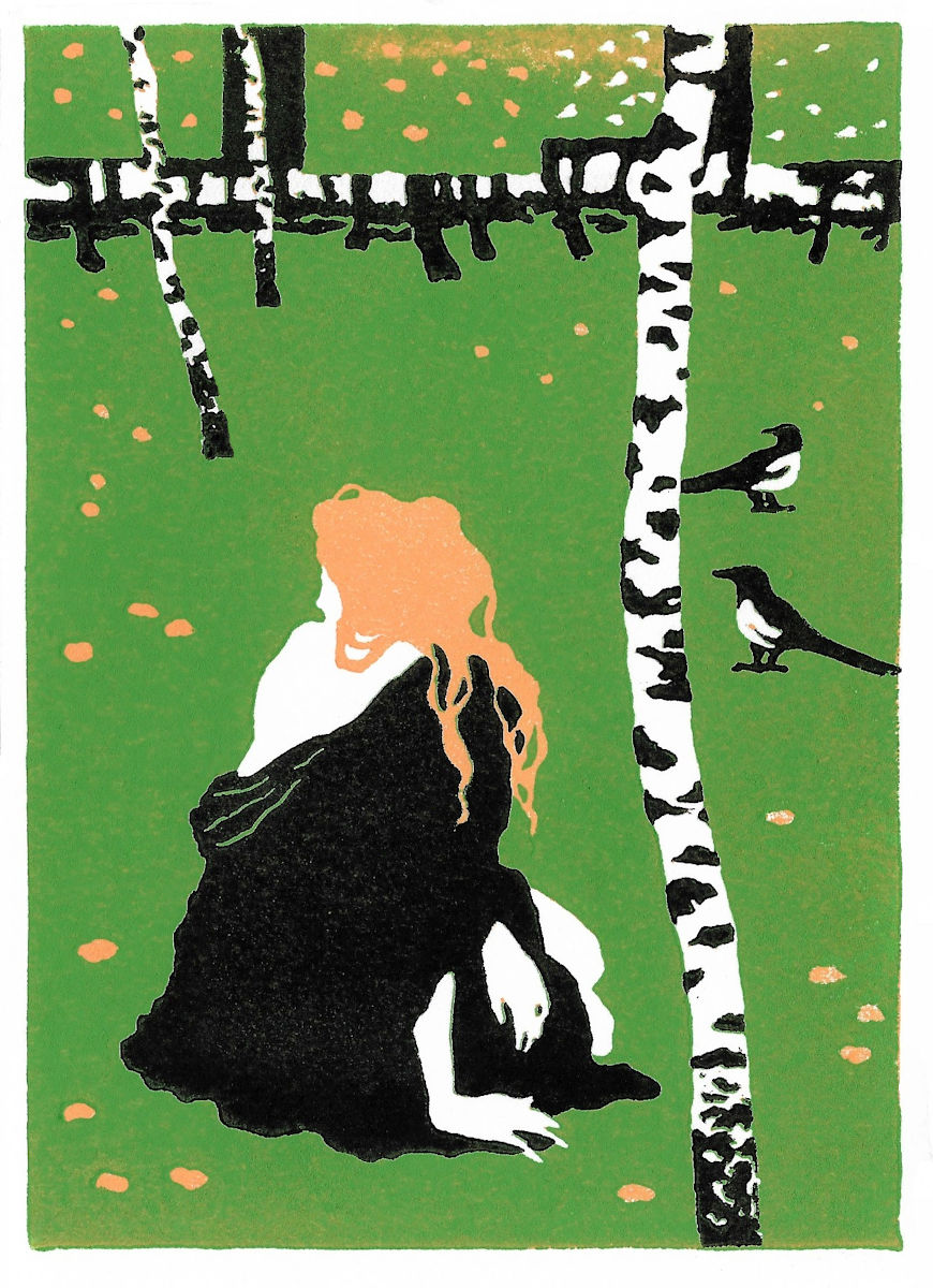 Carte de vœux en linogravure à 3 couleurs (orange, vert et noir), représentant une femme rousse en robe noire vue de dos assise dans une clairière, avec quelques bouleaux et deux pies, le tout dans un style rappelant celui de la Sécession viennoise.