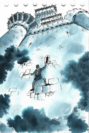 Dessin à l'encre bleue d'un homme escaladant la muraille d'un château fort, vu depuis le pied du mur avec un fort effet de perspective.