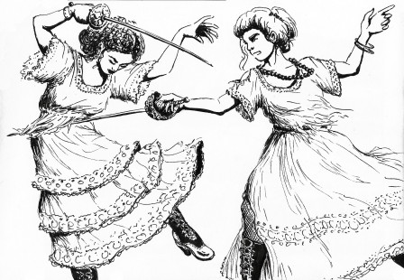 Dessin au feutre noir de deux femmes en robes type 19e siècle engagées dans un duel à l'épée.