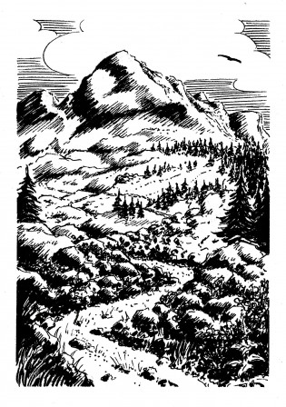 Dessin au feutre noir d'un sentier se perdant dans un paysage montagneux en direction d'un sommet.