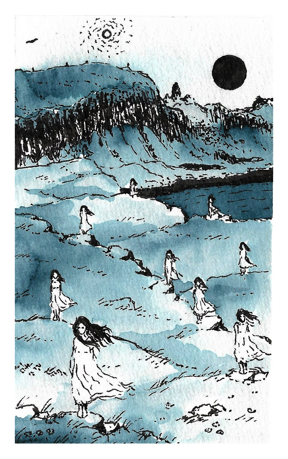 Dessin à l'encre bleue d'un paysage de bord de mer dramatique et venteux genre Islande avec, au sommet de chaque relief de terrain, une figure féminine en robe blanche regardant en face