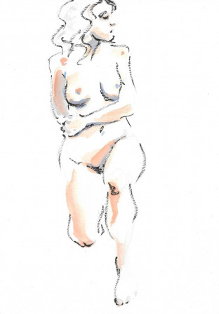 Modèle nue peinte au feutre et à l'aquarelle