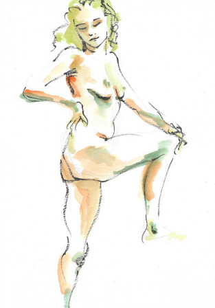 Modèle nue peinte au feutre et à l'aquarelle