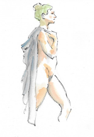 Modèle nue peinte au feutre et à l'aquarelle